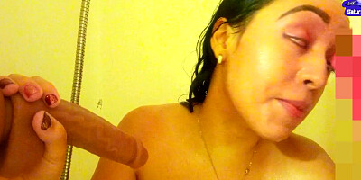 POV Latina babe in bathroom teaches you JOI of giving wet blowjobs in close up with lots of wetness