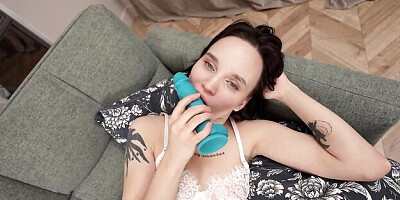 Astonishing brunette Elly Green is touching her hole with a dildo