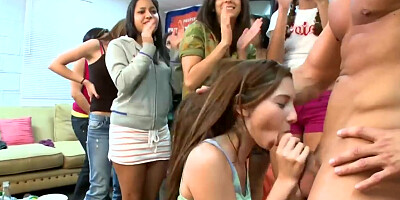 Amateur babes surprised by stripper before sucking his cock