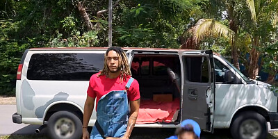 Horny yard workers fuck the sexy milf while hubby is near