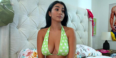 Tight brunette with huge boobs riding and getting off