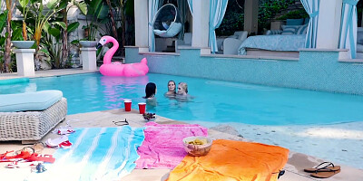 Girl-girl pool 3some with mischievous small teenager tarts