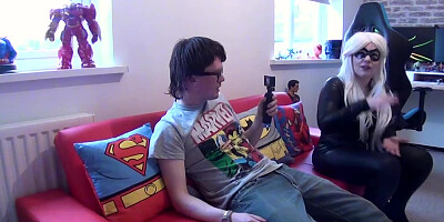 Natural tits blonde Haley Quinn sucking cock in latex suit