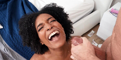 ...Curly-haired ebony Addis Fouche gets facial cum cleansing after servicing white cock...