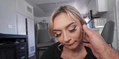 ...Brown-eyed blondie with small breasts enjoys sucking and riding big dick in POV...