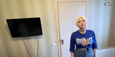 Anal creampie on large Russian platinum-blonde with immense butt, dirty damsel blowjob.