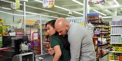 Strong tall customer fucks the Asian store clerk and cums on face