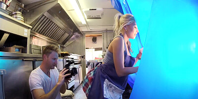 A blonde is in the mobile kitchen, getting fucked really hard