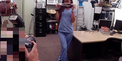 Hot brunette Nurse loves to get fucked while selling something in the pawn shop