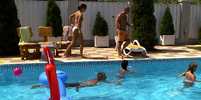 Sexy babes take cocks in orgy by the pool