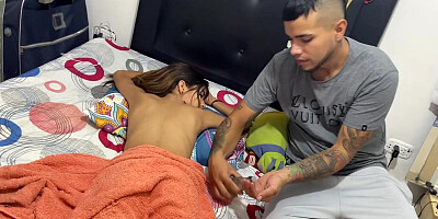 My younger stepsister asks me for a massage but I take the opportunity to touch her virgin vagina