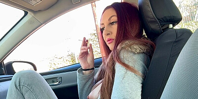 Italian Milf Artemisia Love Slowmo Smoking Sesh in the car with her big tits and hard nipples out Smoking boobs Long hair fetish