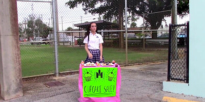 Petite brunette teen Kharlie Stone gags on massive schlong