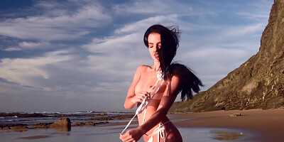 FemJoyXXX.com - Nymph runs around nude at the beach solo taunt