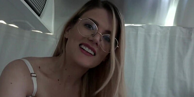 aGeeky blonde GF in white lingerie taking your dick in POV