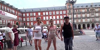 Blonde wrapped in plastic in public