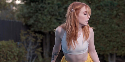 Smallish red-haired Madi Collins screams while railing her coaches phat dinky