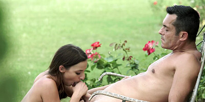 Pleasurable anal sex in the garden of lovely teen couple
