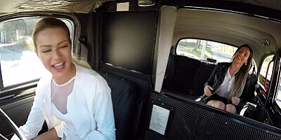 Female Fake Taxi Cherry Kiss lesbian sex with long haired brunette