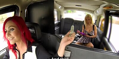 Female Fake Taxi Pussy licking and dildo fucking orgasms with redheads sex