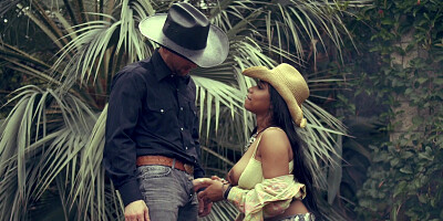 ...Dark-skinned cowgirl Jenna Foxx gets pounded outdoors...