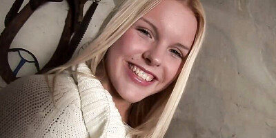 Awesome busty blonde Chantal H is touching her shaved pussy