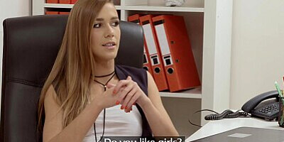 Female Agent Interview climaxes in hot pussy eating lesbian sex