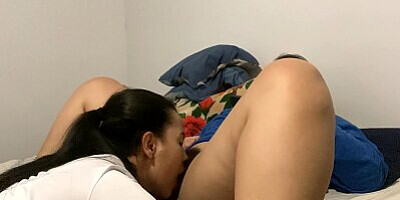 Lesbian girl sucks my hairy pussy and makes me have many orgasms