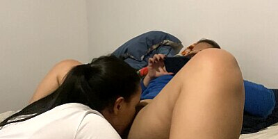 Lesbian girl sucks my hairy pussy and makes me have many orgasms
