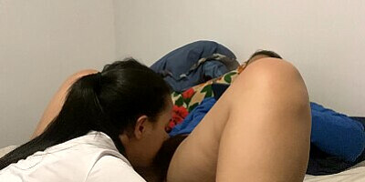 Lesbian girl sucks my hairy pussy and makes me have many orgasms