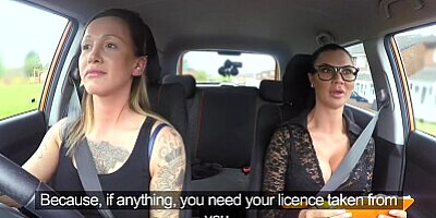 Fake Driving School New driver gets a crash course in strap on lesbian fuck