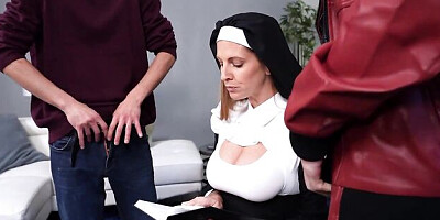 Sub maid with big boobs Annie King pleases two horny bulls