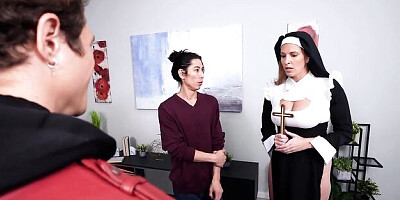 Sub maid with big boobs Annie King pleases two horny bulls