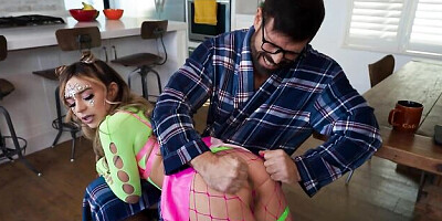 Angel in pink fishnet Aria Valencia screwed by muscular lover