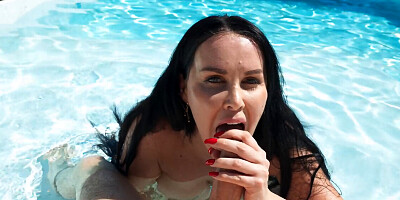 Brunette bombshell sucks and rides hard cock in the swimming pool