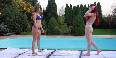 Three Hot Lesbians Enjoying A Big Sex Toy After Strip Wrestling By The Pool