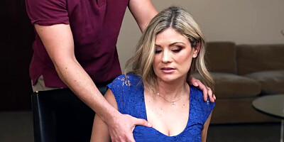 Suburban cougar in blue sundress gargling the head lecturer