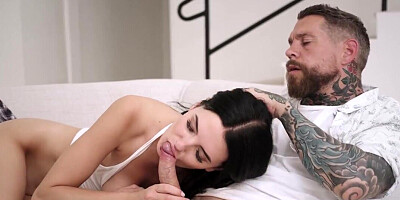 Sofa sex session with a leggy brunette who needs dick