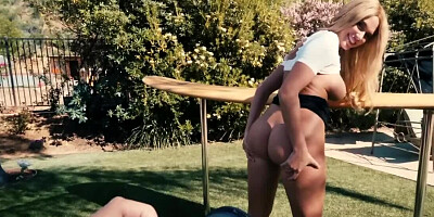 Busty blonde seduced by photographer during outdoor shoot