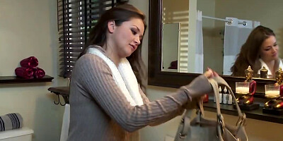 Long haired brunette has sex in front of a fireplace