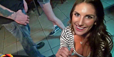 Tall babe is swallowing semen in the bathroom