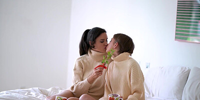 Stepmom and stepdaughter in bed having fun