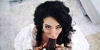 Nasty deepthroat blowbang with a hot brunette Arabelle Raphael