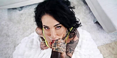 Nasty deepthroat blowbang with a hot brunette Arabelle Raphael