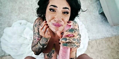 Nasty deepthroat blowbang with a hot brunette Arabelle Raphael