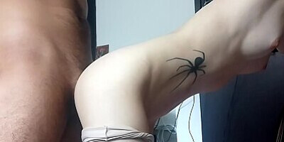 Standing up with my petite Latina wife with a white ass and pink vagina, she has small tits that I l