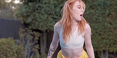 Madi Collins In Petite Redhead Moans While Riding Her Coaches Massive Cock