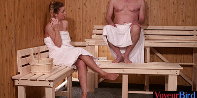 Nympho sauna voyeur enjoys private show