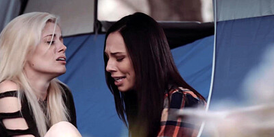 Brown-haired Aidra Fox fingerblasted and tongued the slick labia of blond Charlotte Stokely inwards the tent