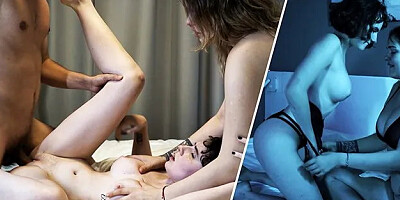 Threesome after Hot Lesbian Action, He Delivers a Wild Finish Right on Her Fa